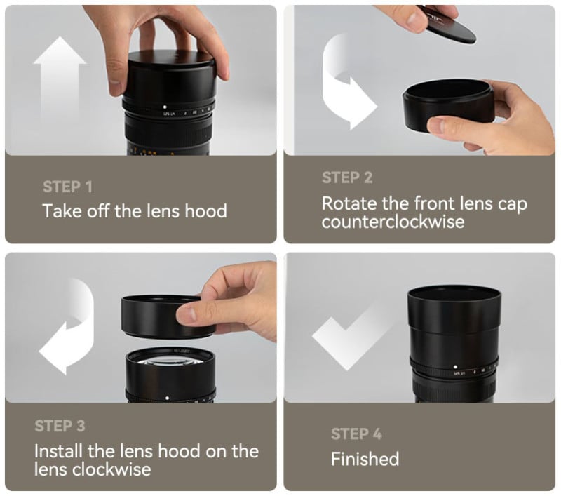 The process for mounting the lens hood.