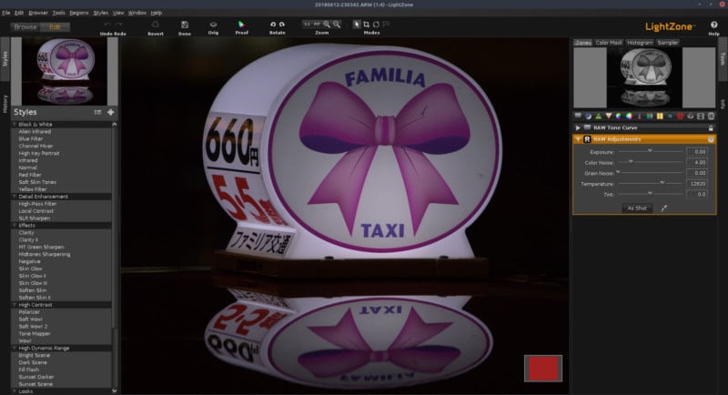 A screenshot of editing a photo in LightZone