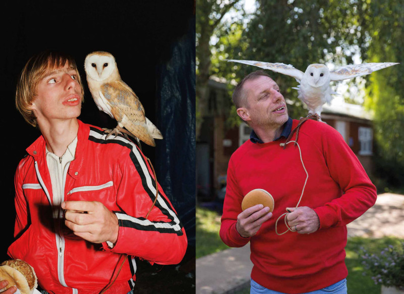 Then and now photos of a man with an owl on his shoulder