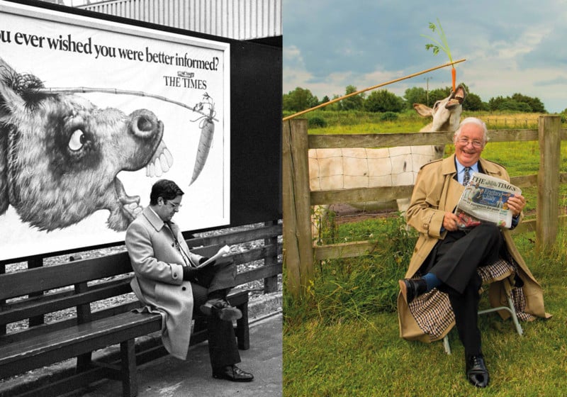 Then and now photos of a man reading a newspaper with a horse and stick behind him