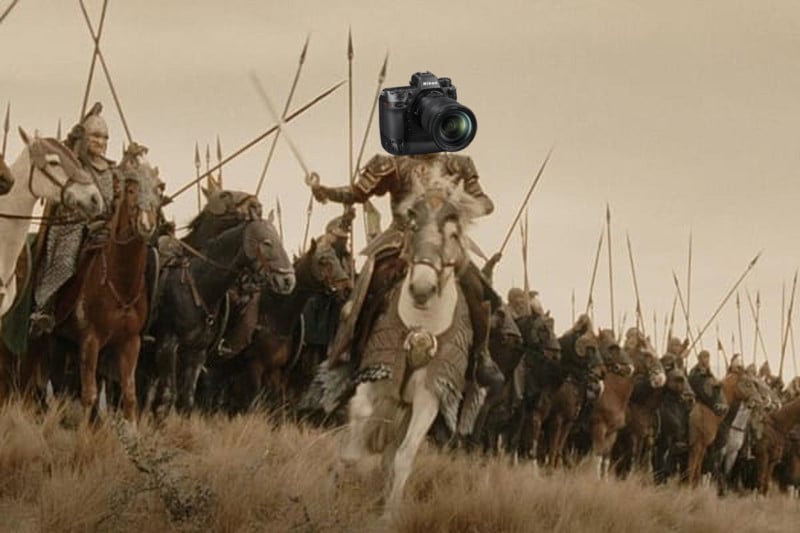 The Nikon Z9 charging on horseback in a still frame from Lord of the Rings