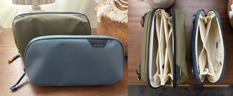 Two Peak Design travel pouches, one olive green and one blue, are shown closed on the left and open on the right.
