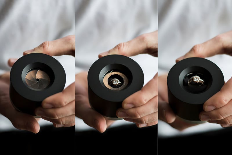 A ring box designed like a camera lens aperture