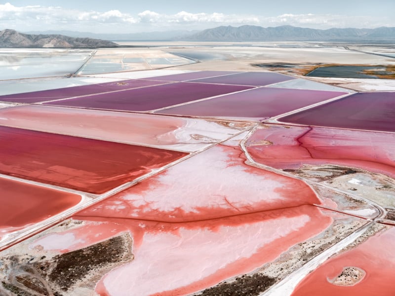 An abstract aerial photo of salt evaporation ponds at the Great Salt Lake in Utah