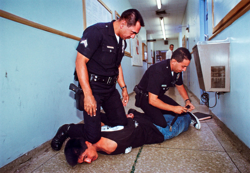 LA PD officers kneeling on suspect