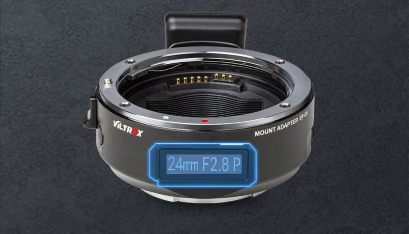 The OLED display on the Viltrox EF-to-E lens mount adapter