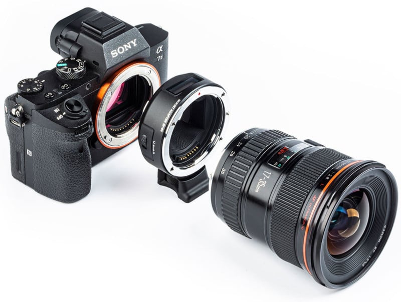 The Viltrox EF-to-E lens mount adapter in between a Sony camera and Canon lens