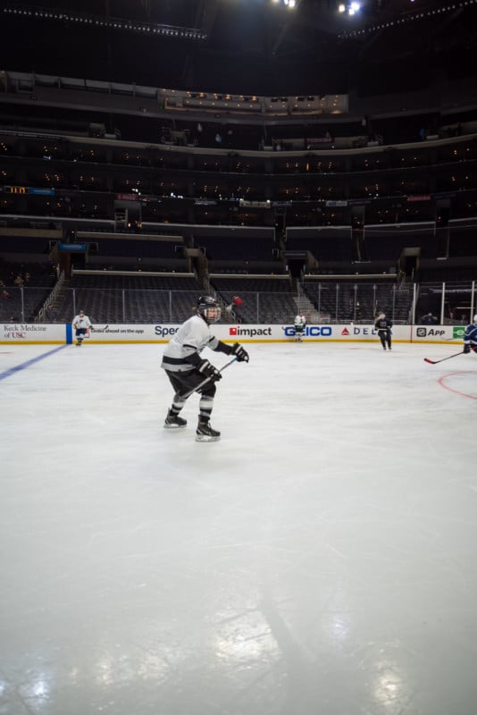 Wide angle hockey player shot with missed focus