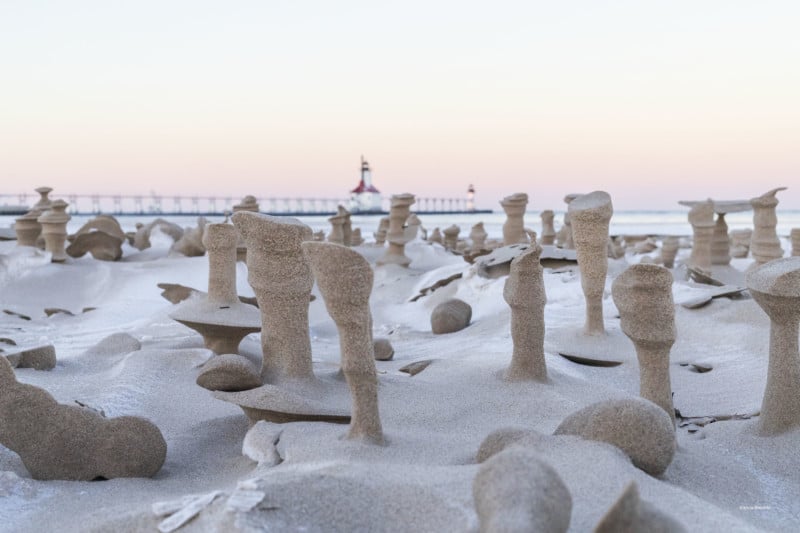 Frozen sand formations on the shore of Lake Michigan
