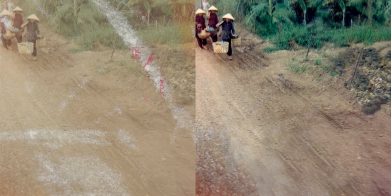 Before and after of a Vietnam War era photo restored by Jenn Cohen