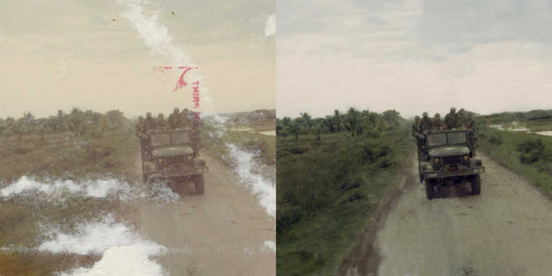 Before and after of a Vietnam War era photo restored by Jenn Cohen