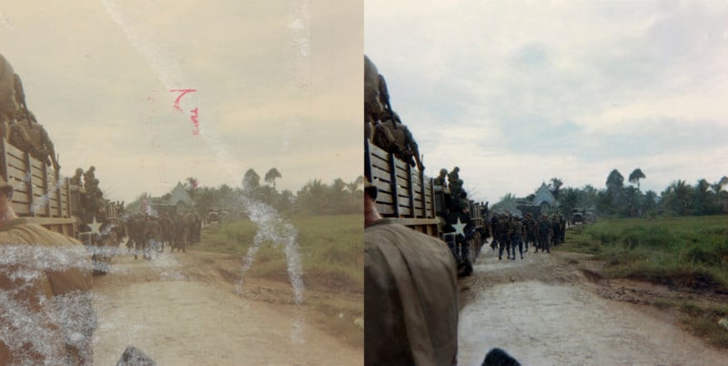 Before and after of a Vietnam War era photo restored by Jenn Cohen