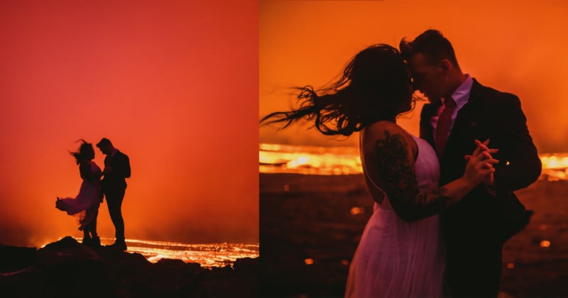 Elopement photos taken next to erupting volcano