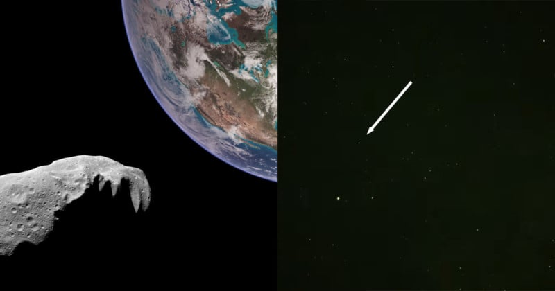 An illustration of an asteroid flying past earth and a still frame from a video showing it