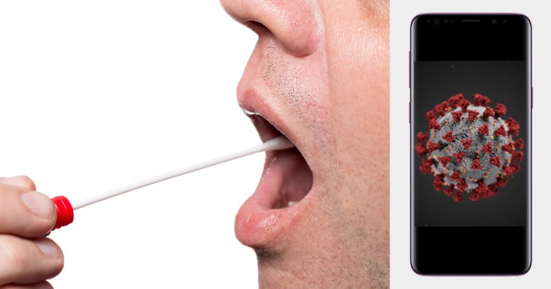 A man getting a mouth saliva swab and a smartphone with a covid virus illustration