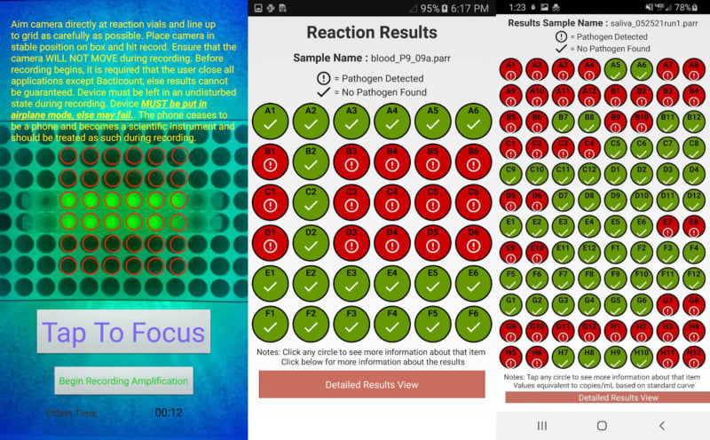 Bacticount app screenshots showing the UI and what test results look like