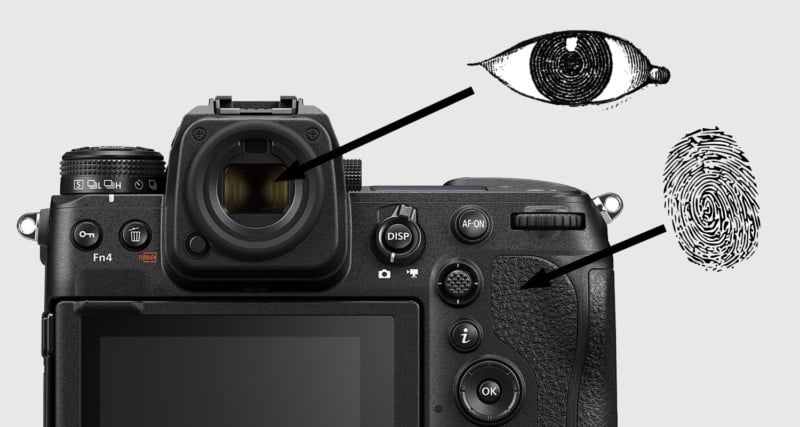 Where eye and thumb recognition could be located in a Nikon Z9 mirrorless camera.