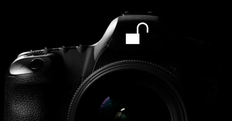 A silhouette of a camera with an unlocked lock icon