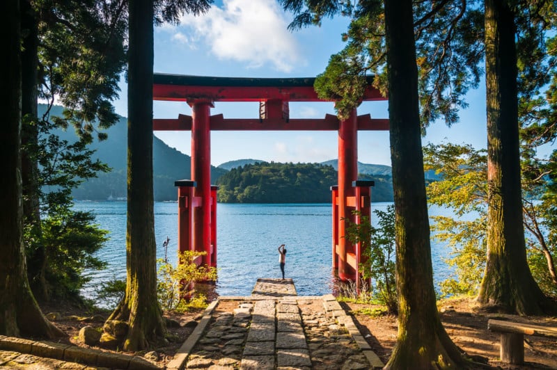 A photo of a woman at Hakone Shrine in Japan