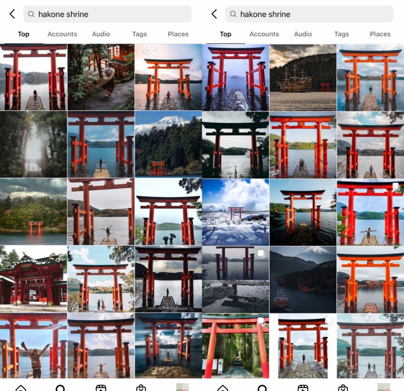 A search for hakone shrine on Instagram