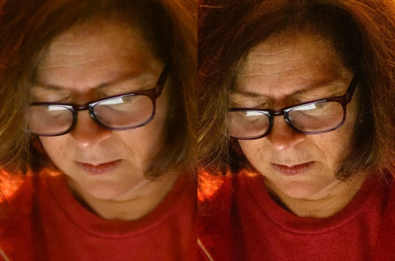 Comparison photos of a lady looking down