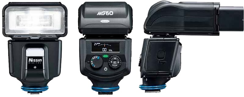 Front, back, and side of Nissin MG60 flash