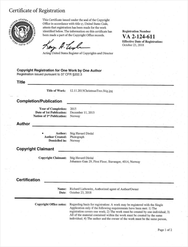 Registration certificate issued by the US Copyright Office for the image