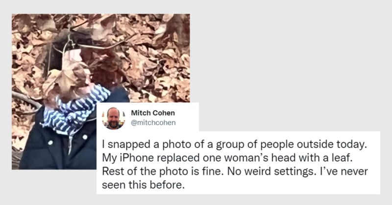 A photo and Tweet about a woman's head replaced with a leaf by an iPhone