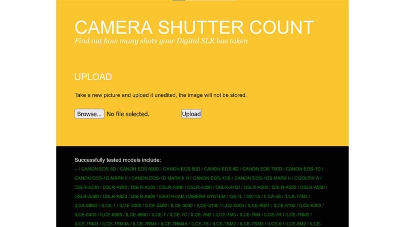 Screenshot of Camera Shutter Count website