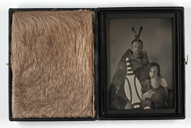 A modern daguerreotype photograph of a family