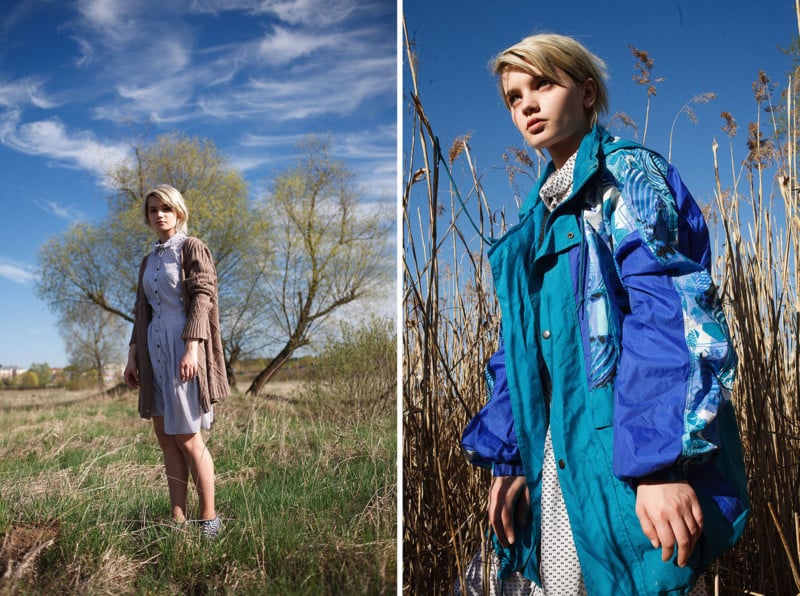 Two portraits of a woman in a field in midday sun