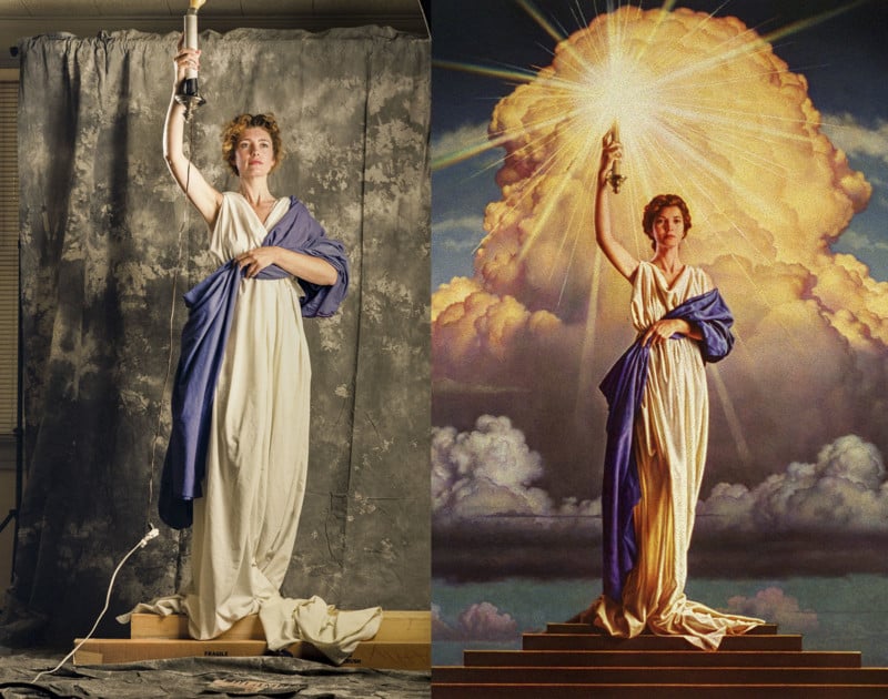 A side by side comparison of the original torch lady photo with the Columbia Pictures logo