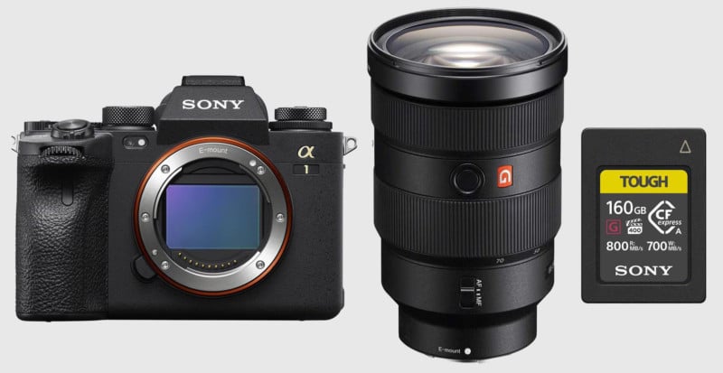 A camera kit with a Sony Alpha 1, FE 24-70mm f/2.8 GM lens, and 160GB CF card