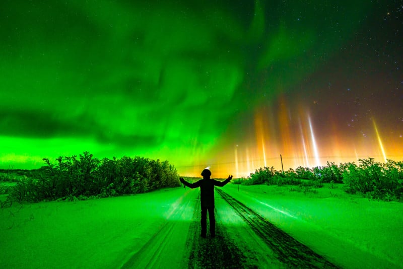 Photographer Captures Aurora and Light Pillars in Epic Self-Portrait