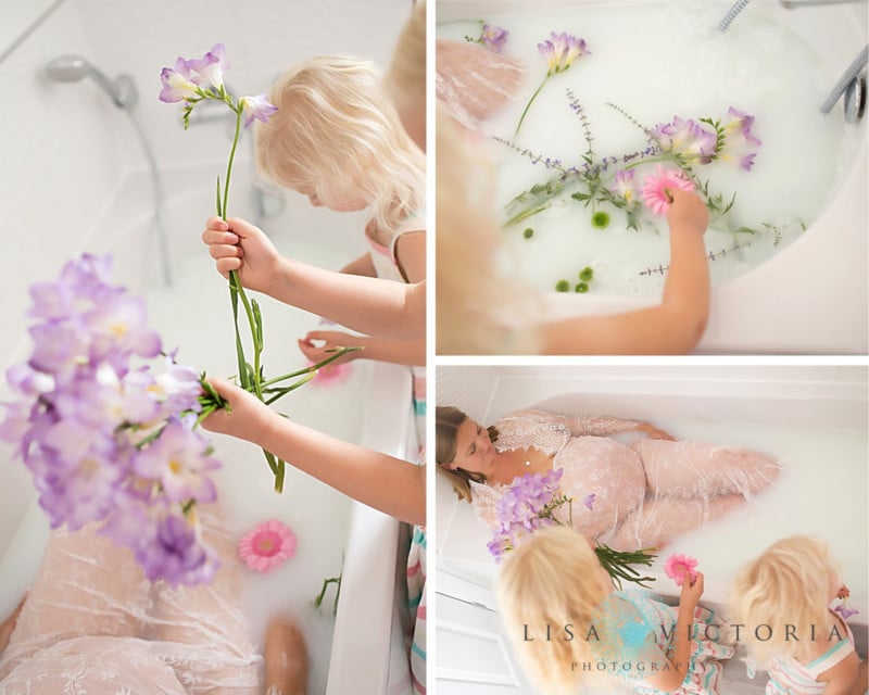 A grid of milk bath photos with a pregnant mother