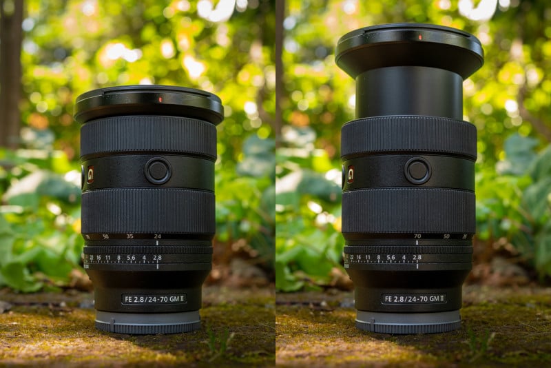 Sony 24-70mm f/2.8 GM Mark II lens at 24mm and extended to 70mm.