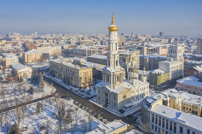 Dormition (Uspensky) Cathedral, Kharkiv, Ukraine, on a snowy day