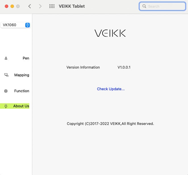 Tela de atualização do Veikk VK1060