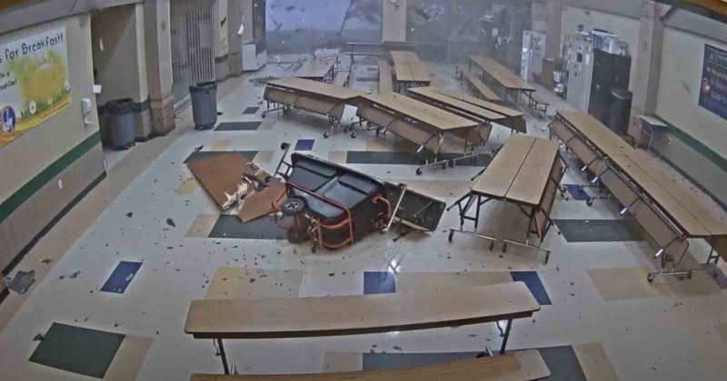A tornado rearranges a Kansas Elementary School Cafeteria
