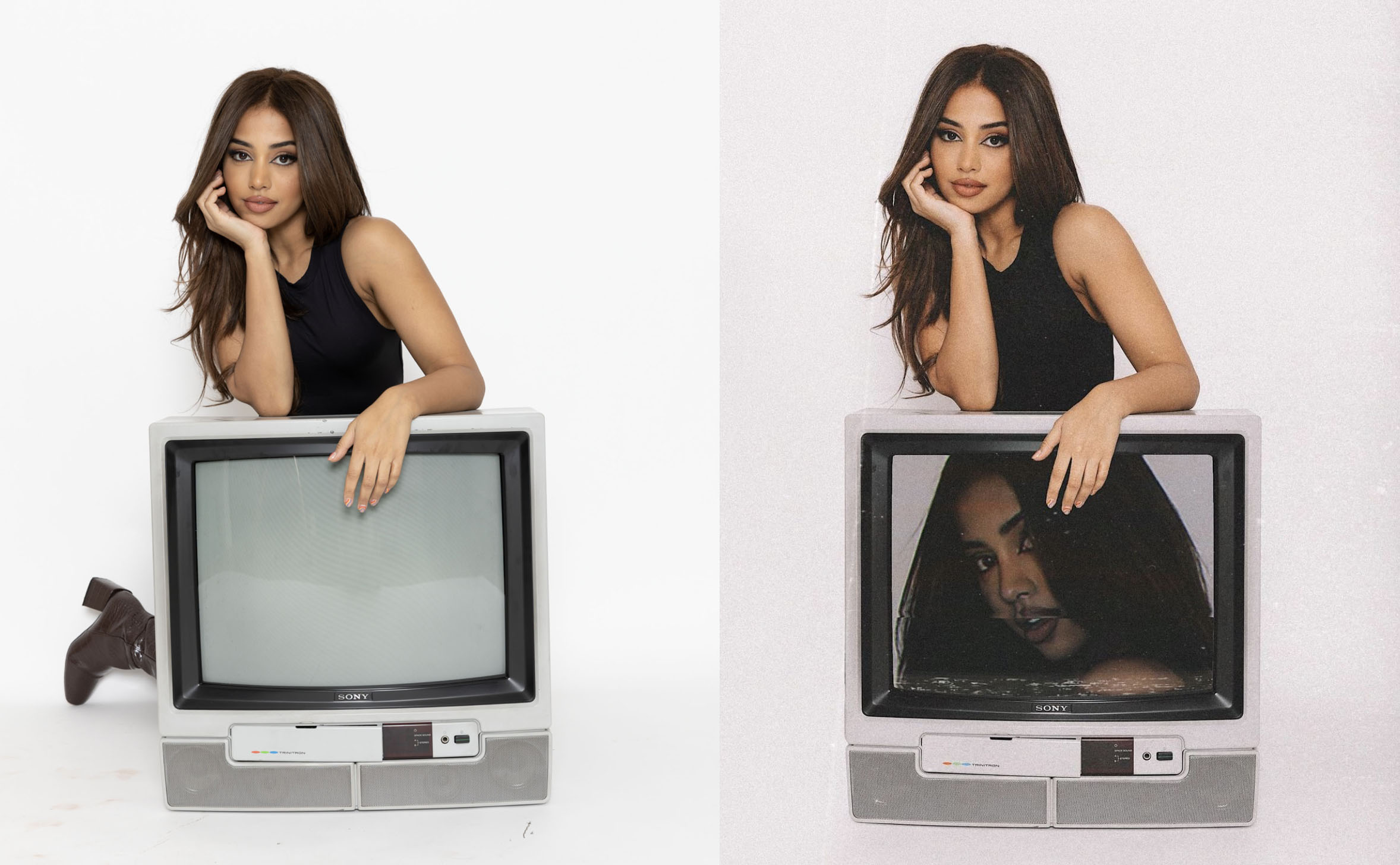 A woman with a Photoshopped picture of herself on the television