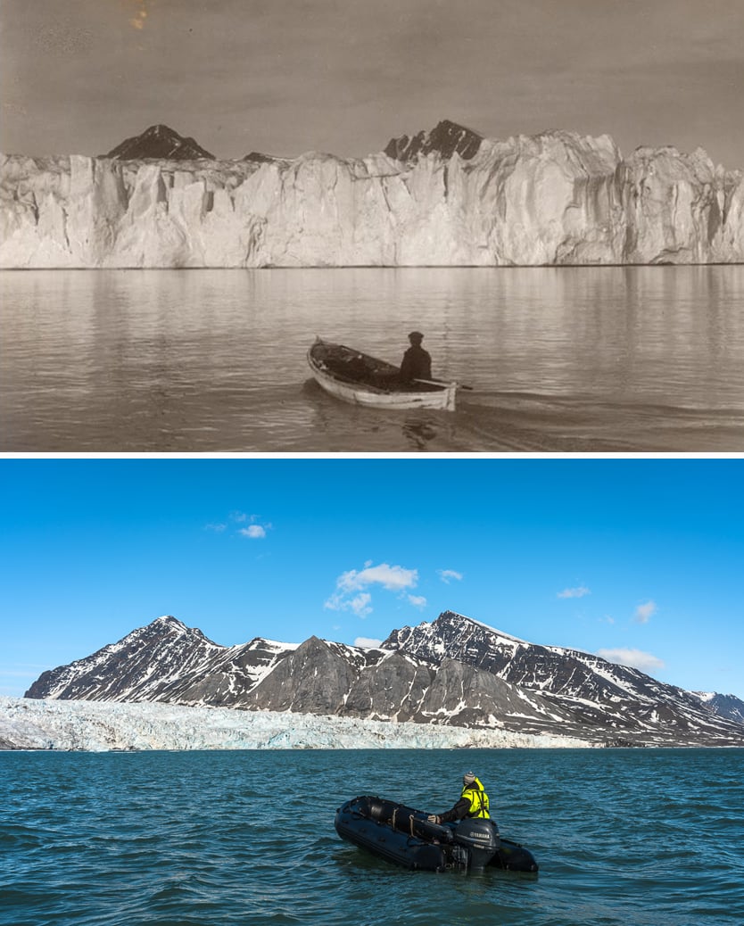 Two pictures of a glacier taken one hundred years apart