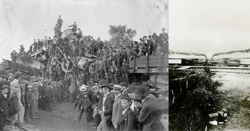 Historiske billeder af, hvornår tog med vilje blev kørt ind i hinanden