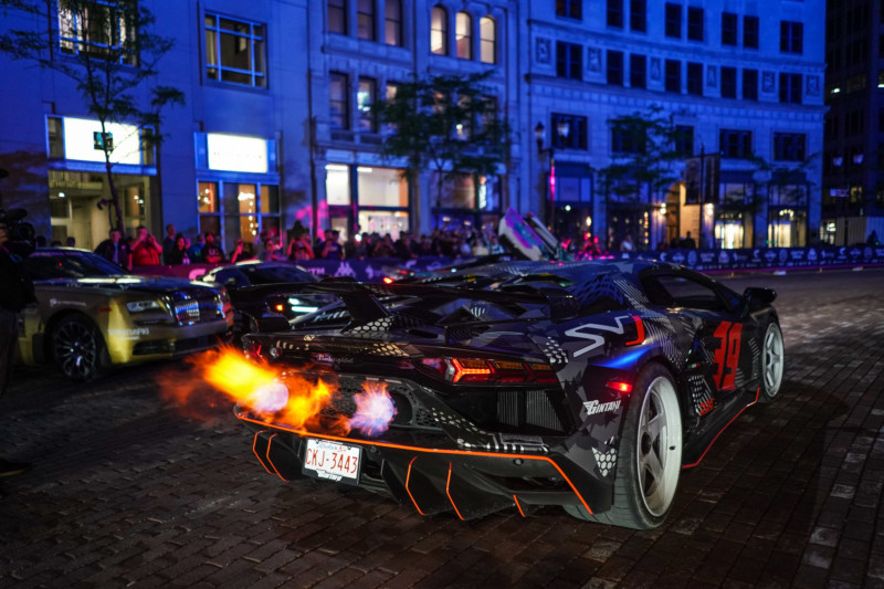 A car spits fire during the Gumball 3000 rally
