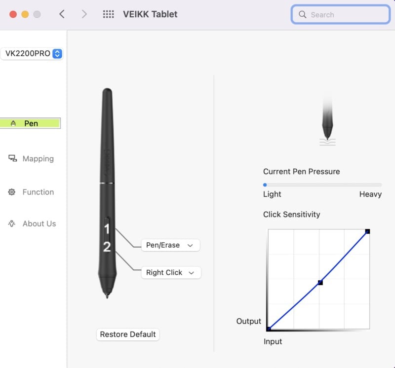 תוכנת Veikk VK2200 Pro - לחץ בעט