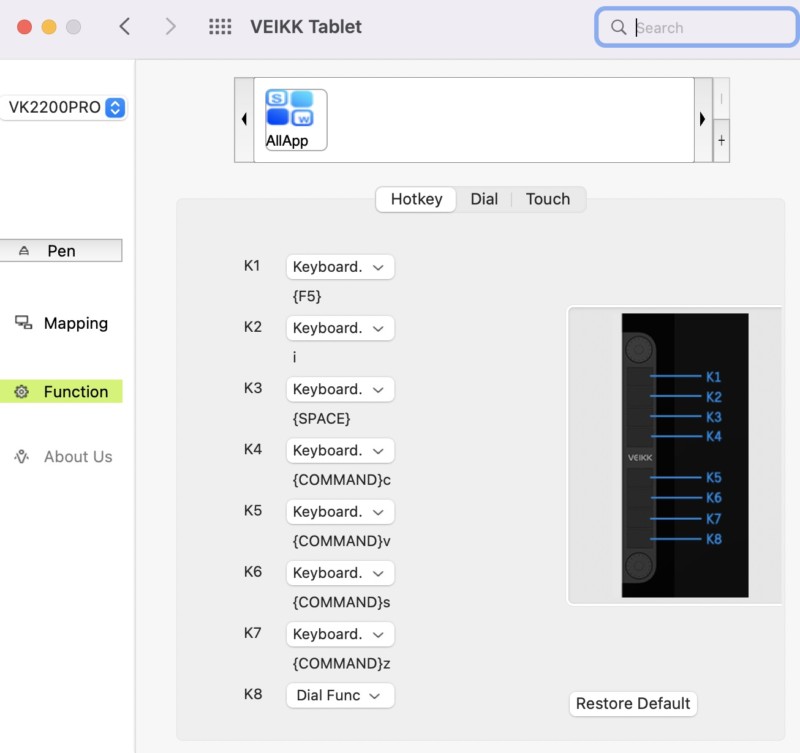 לחצני התאמה אישית של תוכנת Veikk VK2200 Pro