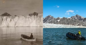 Two pictures of a glacier taken one hundred years apart