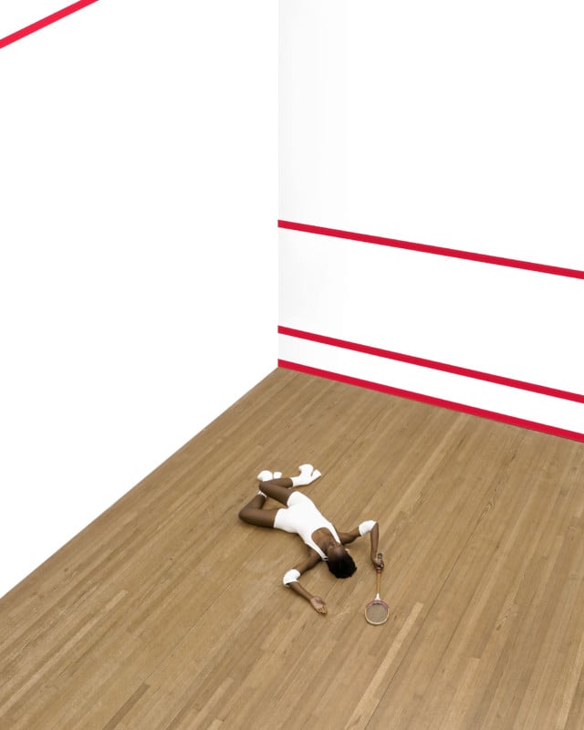 Aerial sports photography in a squash court