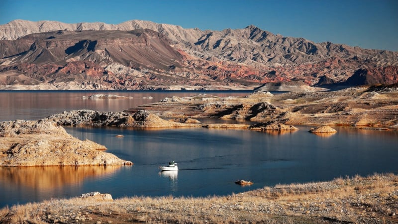 A powerboat cruising on Lake Mead