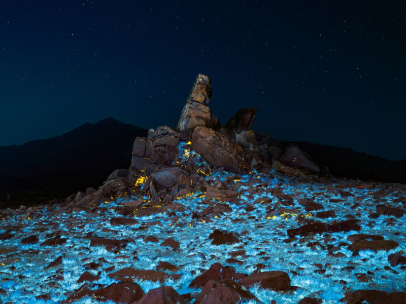 Ultraviolet light on jagged rocks