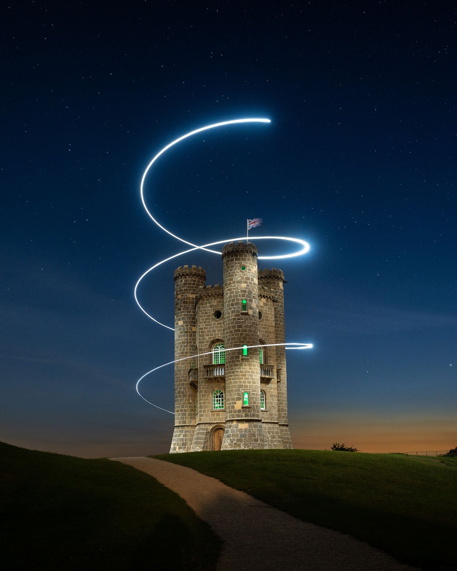 Blue LED light spiral around Broadway tower